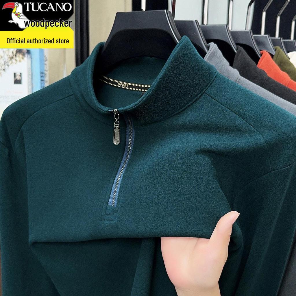 Woodpecker Men's Double-Sided Velvet Half-Zip Stand Collar Warm Long-Sleeve T-Shirt