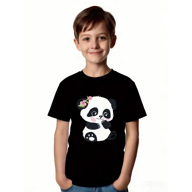 European sizes Cute Cartoon Style Panda T-Shirt - Featuring Pink Flower Decorations, Black Background Design, Suitable for Summer Casual Wear