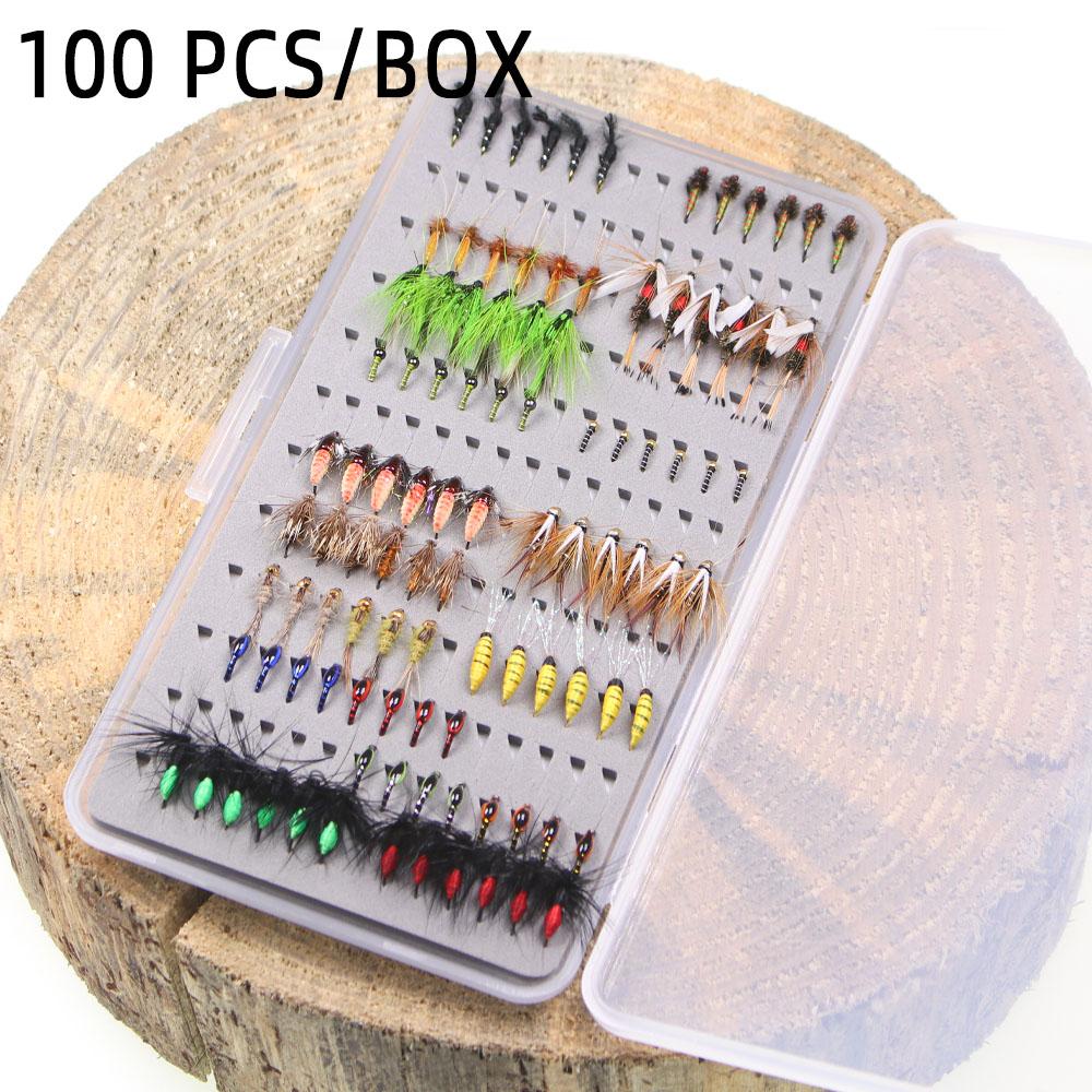 

100CS сухие мокрые мушки Scud Nymph Caddis Zebra Midge Fly Caddis Sedge Adult Fly Fishing Bait Case Trout Fishing Fly Hook Lures Carp Искусственные приманки