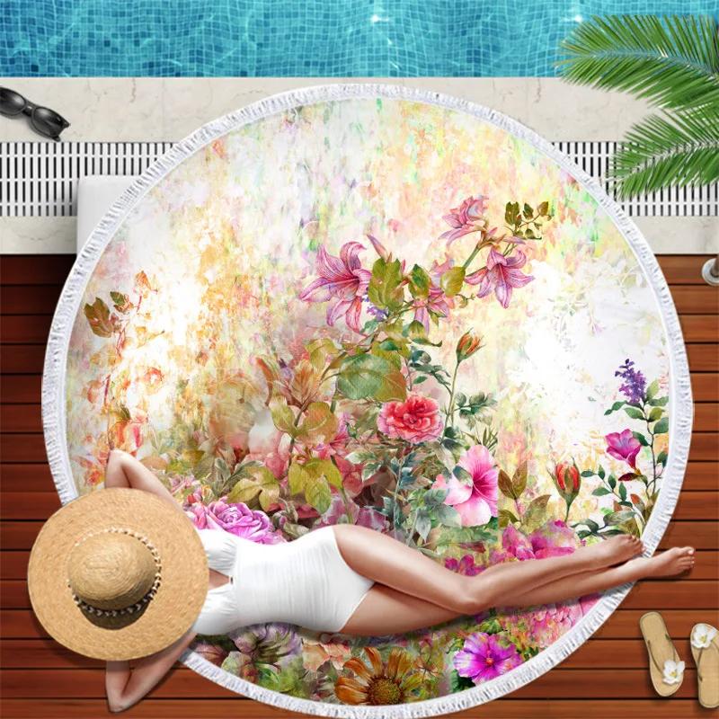 Large Round Colorful Flower Printed Beach Towel Diameter 3D Print Microfiber Blanket With Tassel Fringe Yoga Mat For Adult