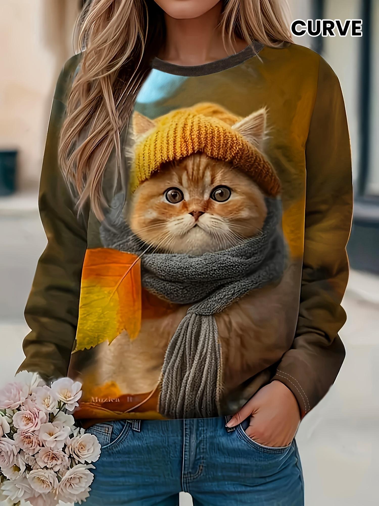 

Plus Size Cat Print T-Shirt, Casual Crew Neck Long Sleeve Top For Spring & Fall, Women s Plus Size Clothing 7XL