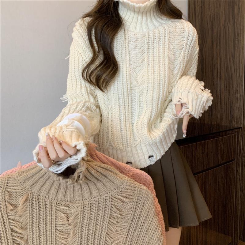 Design Sense Tassel Hole High Neck Sweater Elegant Woman Pullover Fall and Winter Warm Knit Sweater Tops Comfortable and Versatile