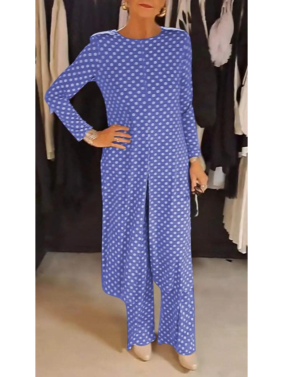 

Осенний комплект из длинного топа в горошек 2024 - Приталенный крой, круглый вырез с разрезом 2XL синий