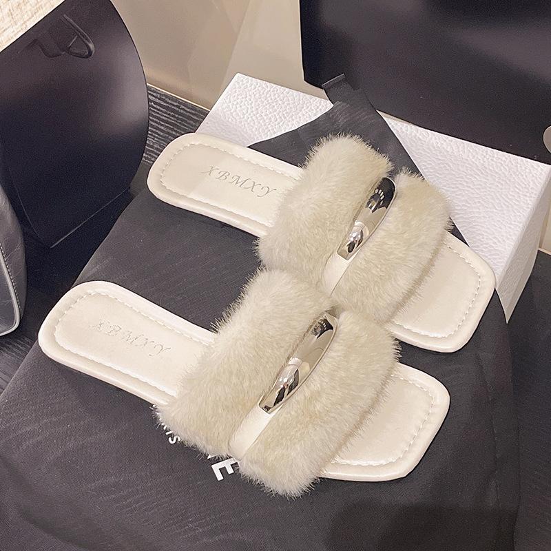 French Fairy Wind Fluffy Slippers Female Outer Wear 2025 Autumn and Winter New Small Fragrant Wind Flat Bottom Non-slip Lazy Word Drag