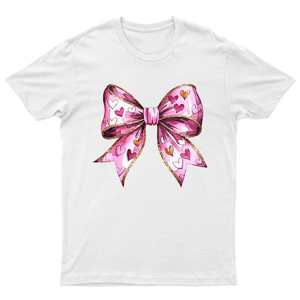 Valentines Day Bow Hearts Graphic Unisex T-Shirt Womens Ladies Mens Tee