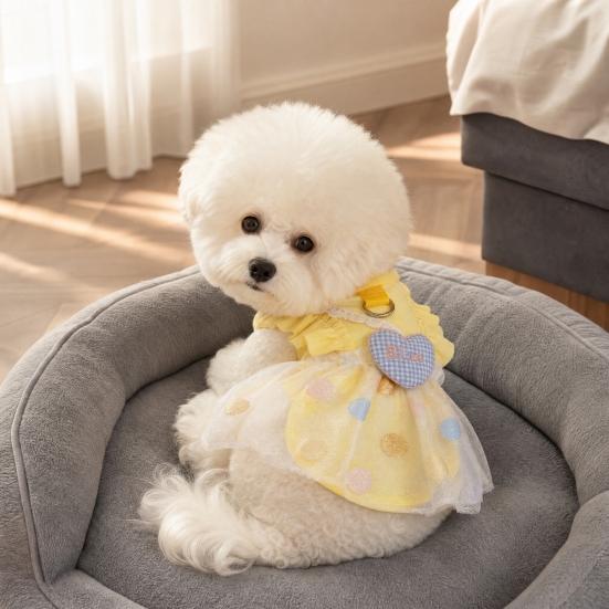 Ruffled Pet Dress, Polka Dot Puppy Dress with Plaid Heart, Cute Dog Princess Dress with D Ring, Breathable Summer Outfit for Small Dogs Cats