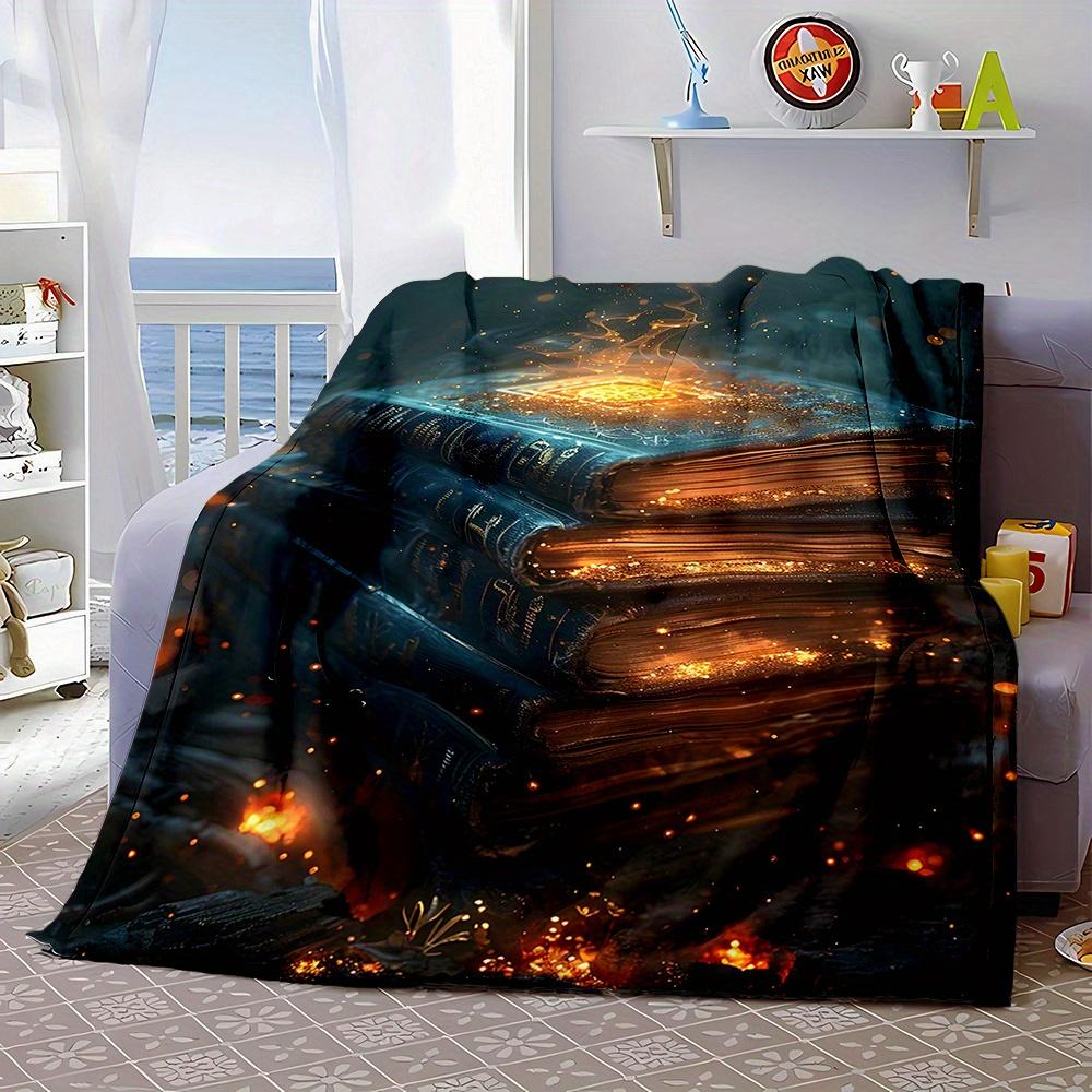 Magic Books Fantasy Art Blanket Glowing Ancient Texts With Golden Sparks And Dark Background Soft Fleece Throw For Room
