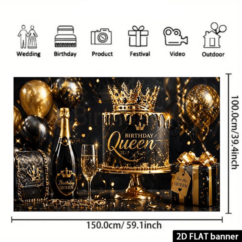 2D Plane Queen's Birthday Party Banner Background - Black and Gold Theme Featuring a Crown Cake. zyc