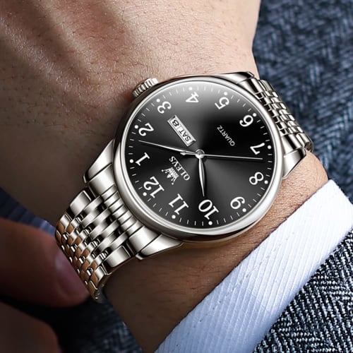 Olevs Tokei Watch Men's Black Simple Waterproof Watch Men's Stainless Steel Watch for Men Analog Silver Band Popular Wrist Watch Stylish Men's Busines