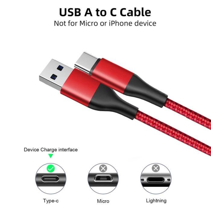 Lot de 3 Câble USB-C Rapide pour Xiaomi Redmi 13C 14C, Redmi Note 13 14, Note 13 Pro Plus 5G - 1M Rouge Nylon Tressé