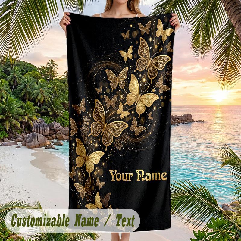 Golden Bird Floral Art Theme Quick Dry Beach Towel Custom Name Text Print Large Sand Resistant Towel Beach Vacation