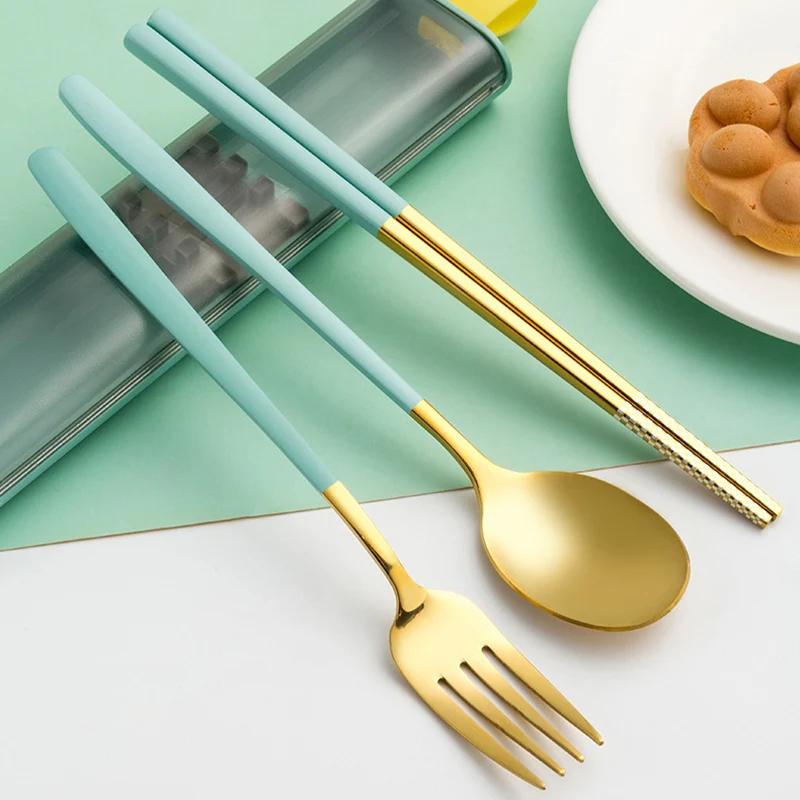3Pcs Dinnerware Set Spoon Fork Chopsticks Cutlery with Box Portable 304 Stainless Steel Tableware for Travel Camping