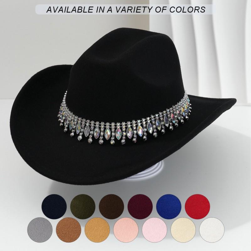 Unisex Elegant Jazz Fedora Hat With Tassel Rhinestone Belt Wedding Engagement