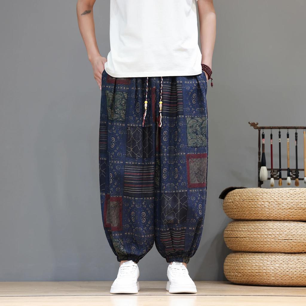 Pantaloni Stampati Stile Etnico Estivi Sottili Coulisse Pantaloni a Lanterna Cinesi Taglie Forti Gamba Larga Pantaloni Harem Bassi Casual Larghi