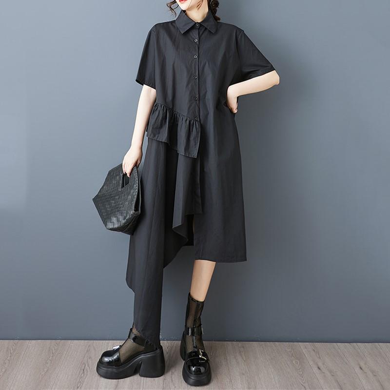 Černé bavlněné vintage šaty s krátkým rukávem ve velkých velikostech pro ženy, ležérní volné dlouhé letní košilové šaty