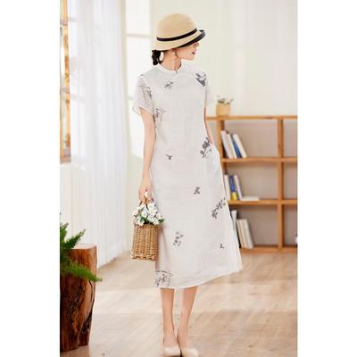 2022 Summer Ramie Print Women's Retro Travel Dress with Stand Collar & Short Sleeves