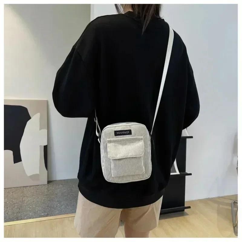 Casual Zipper Corduroy Crossbody Bag Cute Shopping Bags Women Single Shoulder Bag Phone Pouch Striped Cloth Fabric Handbags