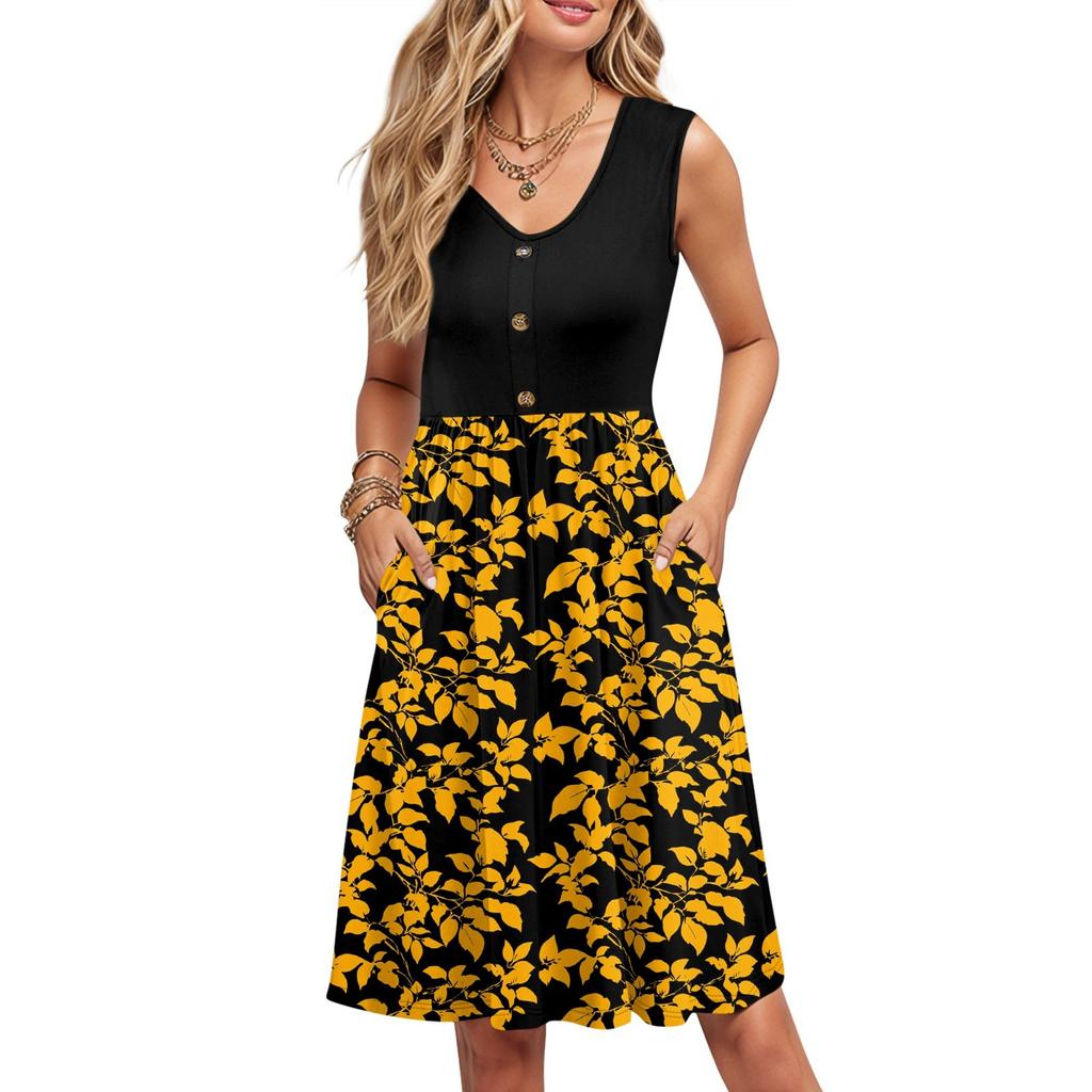 Women Summer Printing Dresses Sleeveless Casual Loose Swing Button Down Midi Sundress With Pockets