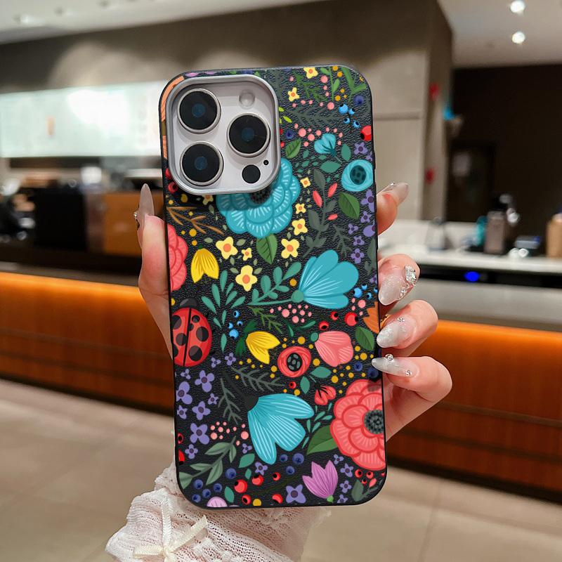 Romantic Garden Flowers Print Soft Case For iPhone 15 14 16 Pro Max 15 14 Plus 13 12 Pro Max 11 Leather Texture TPU Phone Cover
