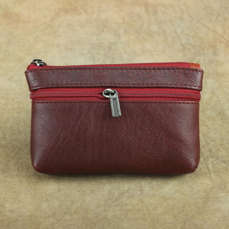 Genuine Leather Double Zipper Coin and Card Holder