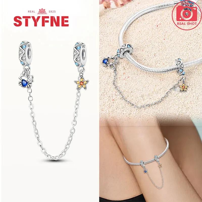 Real Silver 925 Star and Moon Flower Heart Safety Chain Wearable Jewelry Gift Bracelet DIY Beads for Women