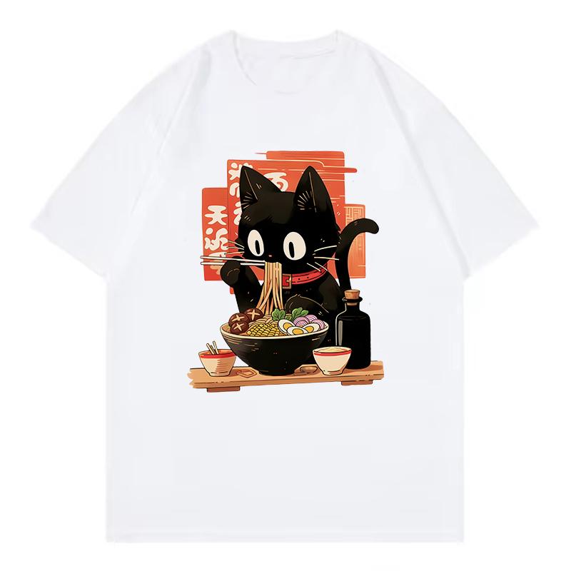 Black RaUnisex Cat Japanese Anime Style Design Printed Lightweight T Shirts Round Neck Short Sleeve Tee Shirt Hip Hop