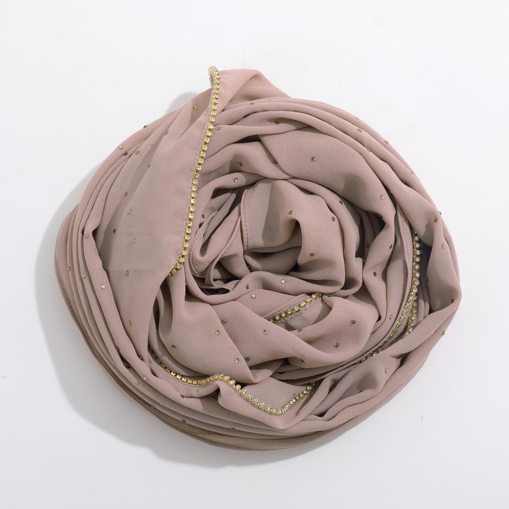 Fashion Hot Sale High-Quality Pearl Chiffon Rhinestone Chain Scarf Shawl Muslim Women Hijab Ethnic Headscarf