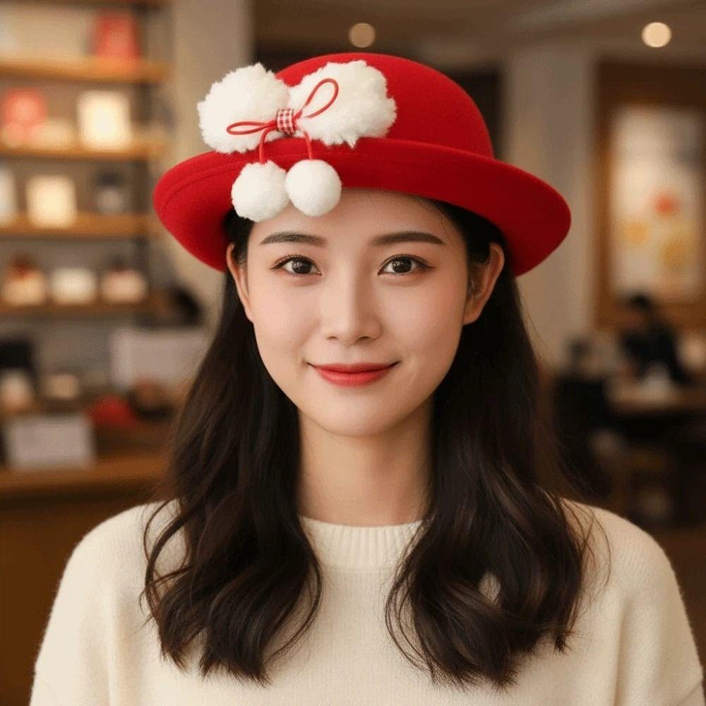 Japanese Style Woolen Bucket Cap Vintage Looking Girls Dome Hat Basin Hat Red Bowler Hats  Autumn