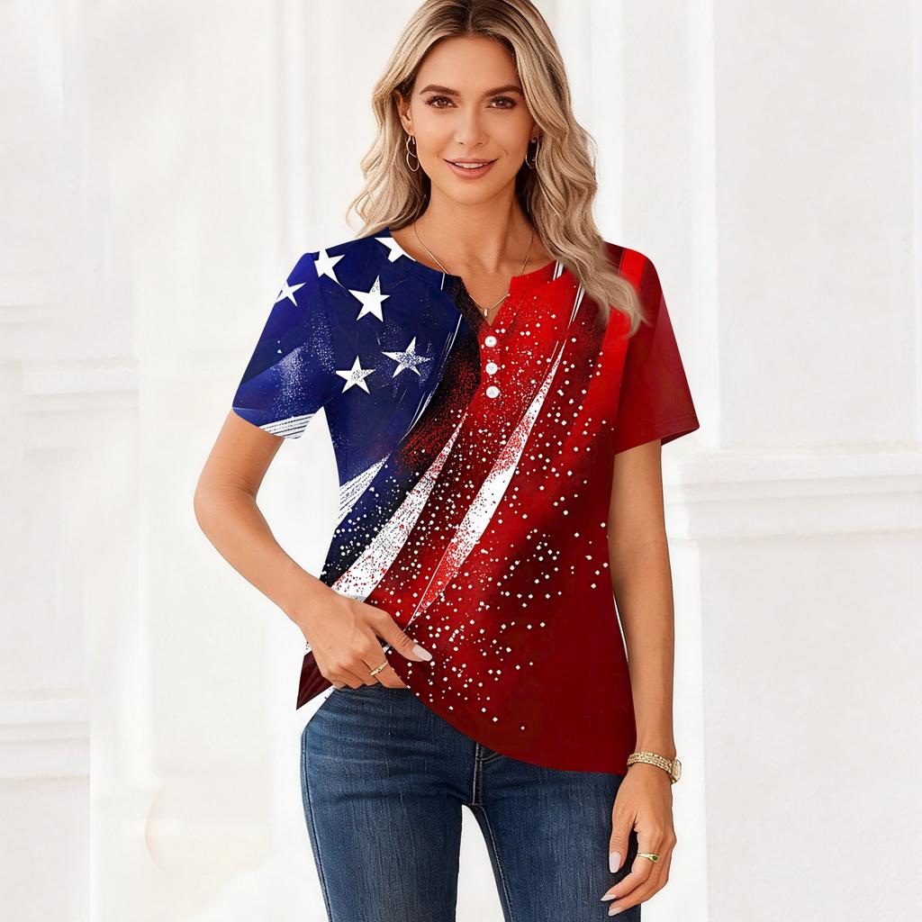 Women's T Shirt Independence Day Print Button Short Sleeve Daily Weekend Fashion Basic V- Neck Regular Top