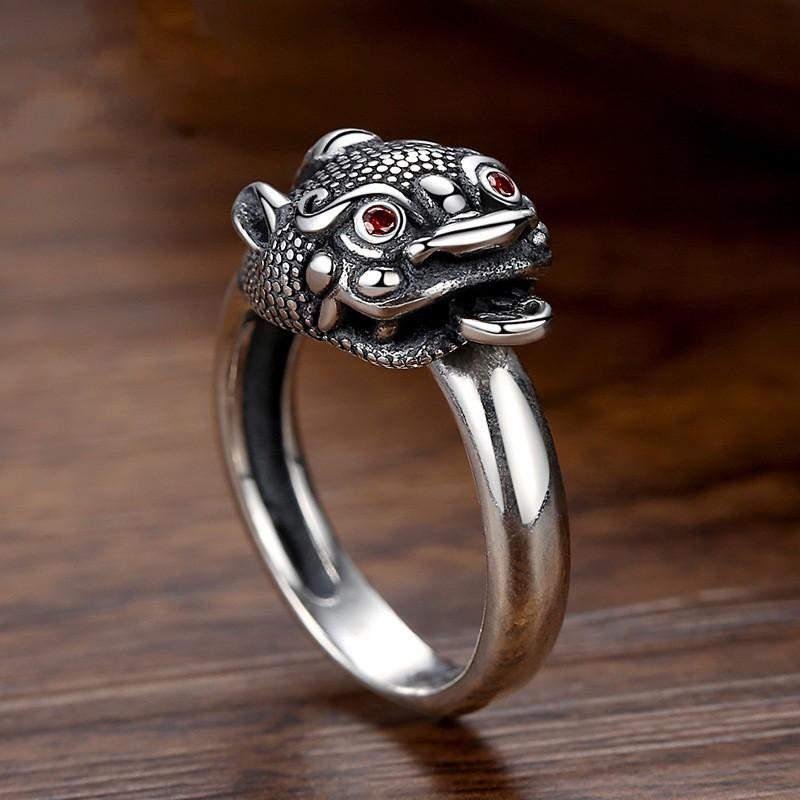 Adjustable Open Ring With Pixiu Fortune Beast Motif Sterling Unisex Vintage Style Finger