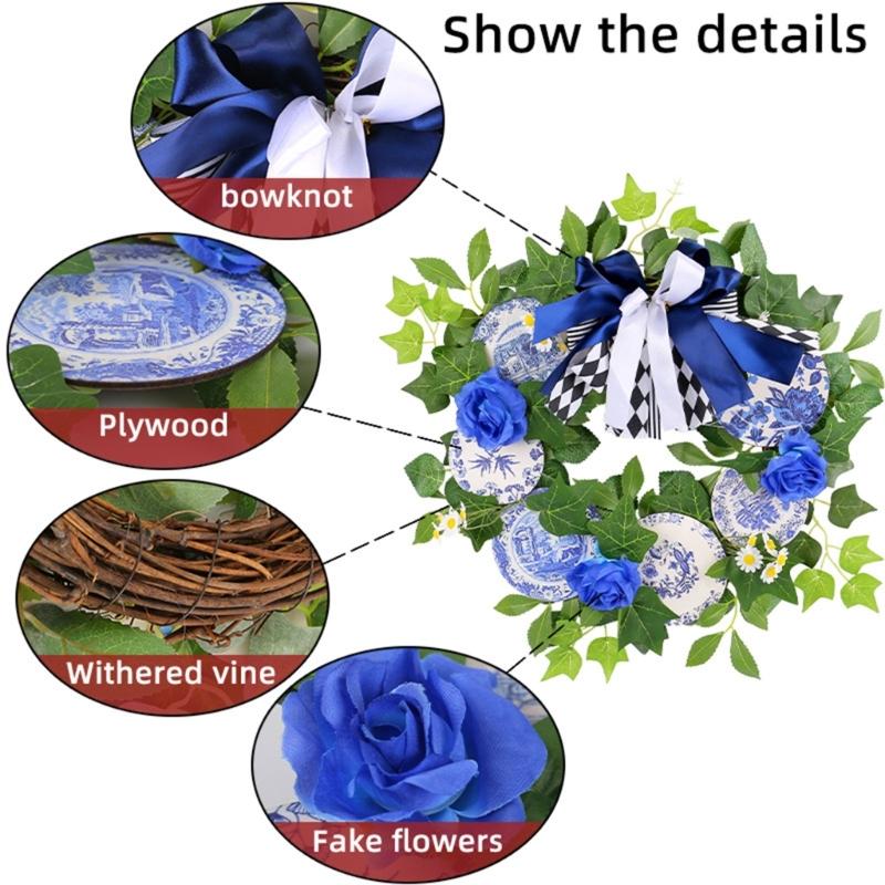 Wooden Plaques Blue and White Porcelain Pattern Wreath Outdoor Courtyard Party Decorations Garlands for Wall Door Window