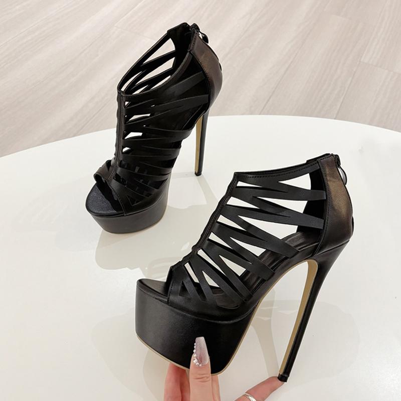 Summer Black High Heels For Ladies Hollow Out Leather Platform Pumps Sexy Peep Toe Zip Banquet Party Shoes Women Stiletto