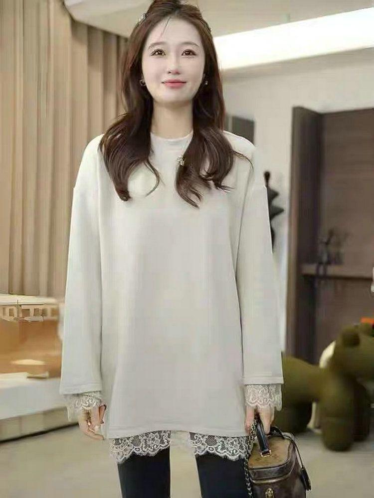 Chic Lace Long Sleeve Slimming T-Shirt - Plus Size Women’s Autumn/Winter Fashion