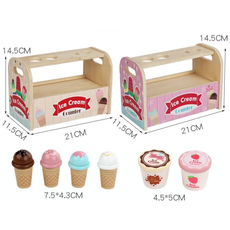 Wooden Ice Cream Counter Playset - Includes Ice Cream Cones Ice Cream Scoop And Toppings Montessori Pretend Play Food Toys Kids