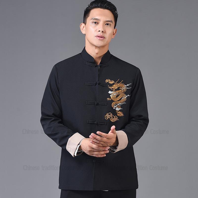 Chinese Style Hanfu Tang Clothes Men Balck Jackets Cotton Embroider Dragon Kong Fu Costume Traditional China Clothing Plus Size