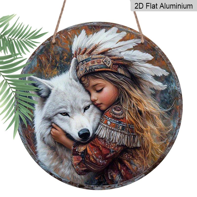 

2D Flat, 1pc Native American Inspired Metal Aluminum Wall Decor - Indian Girl & Wolf Tribal Art Plaque, Idea for Home, Bar, Cafe - Easy Hang with 7.87×7.87inch