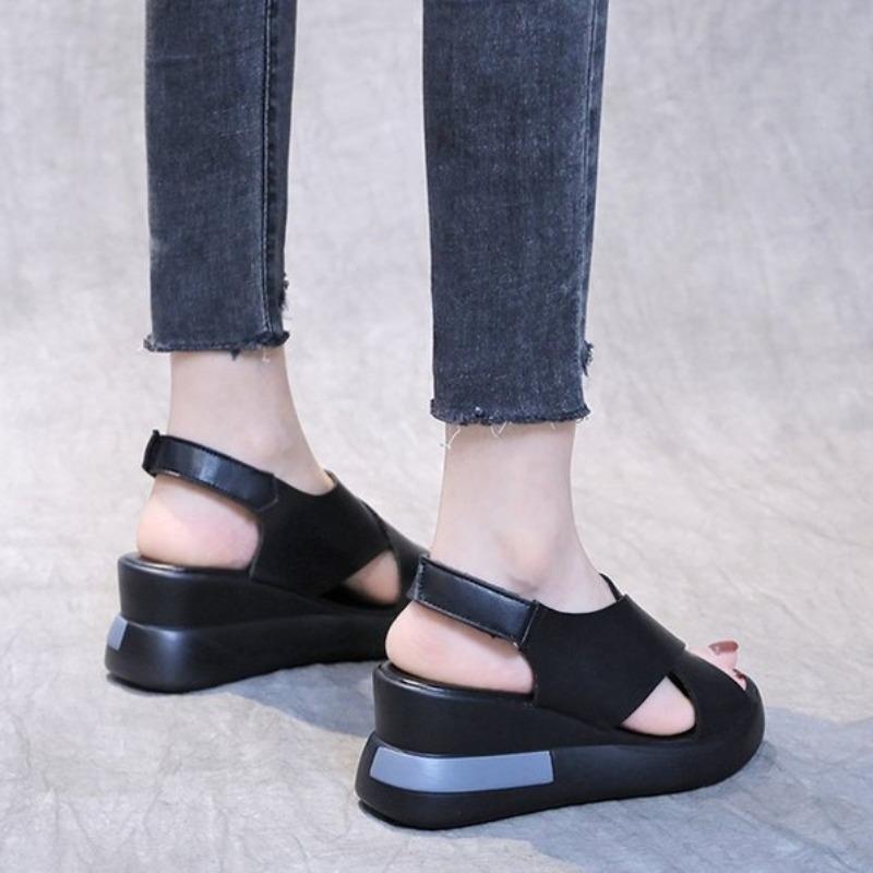 Women Soft Leather Peep Toe Thick Sole Muffin Wedge Sandals