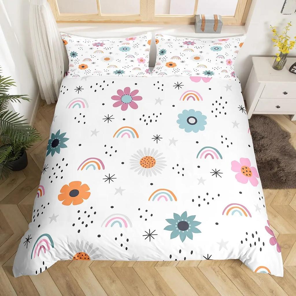 Cartoon Rainbow Sun Bedding Set For Girls Kids Bedroom Decor Comforter Cover Kawaii Art Duvet Cover Polyester Comforter Cover