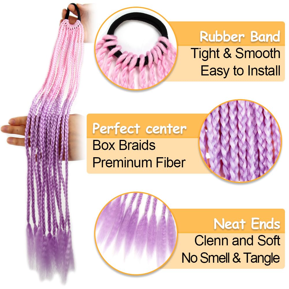 Braided Ponytail Hair Extensions 24 Inch Colorful Box Braids with Rubber Bands Synthetic Hairpieces for Girl  Women Accessories Crazy Hair Day