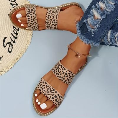 Women's Double Strap Flat Slides, Open Round Toe Slip On Anti-slip Shoes, Versatile Outdoor Beach Slides