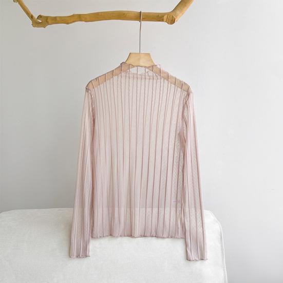 Women Sunscreen Tops Half High Collar Long Sleeve Perspective Mesh Tops Lace Lines Texture Blouse Daily Wear