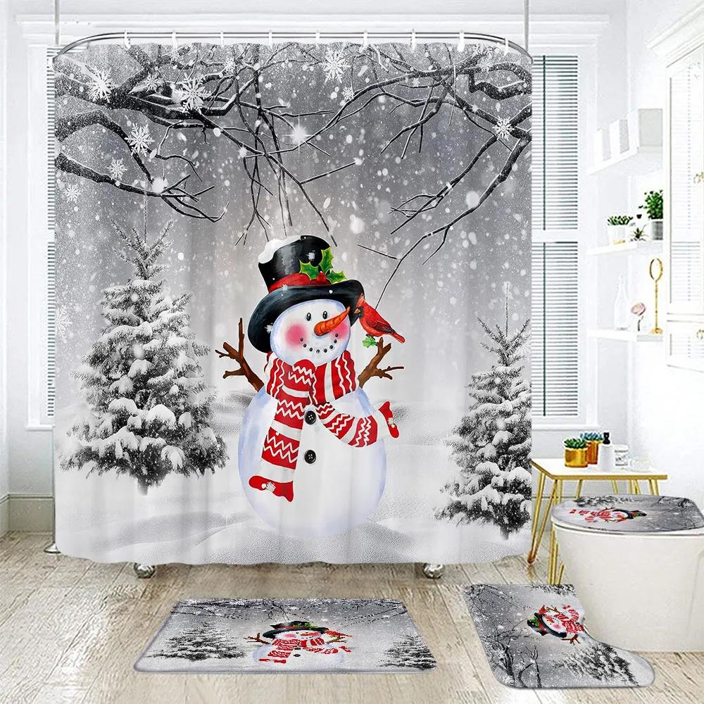 Christmas Elf Shower Curtain Rug Bathroom Set Snowman Fawn Xmas Gift Happy New Year Shower Curtain Set Bathroom Decoration