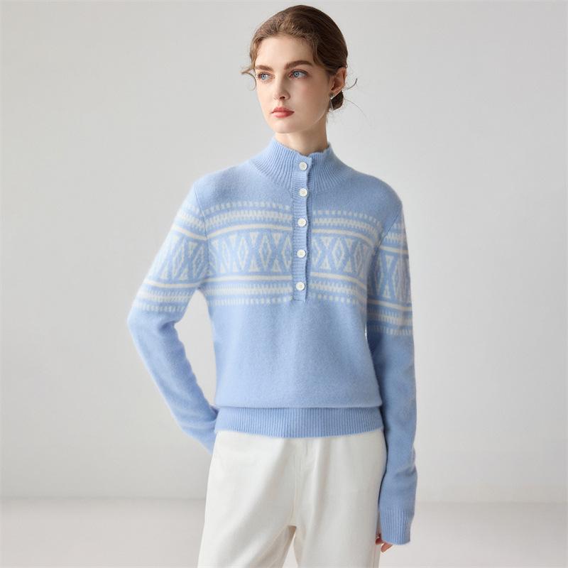 Women's Ethnic Style Fair Isle Jacquard Cashmere Half-Zip Sweater - Loose, Thick Winter Knit Top