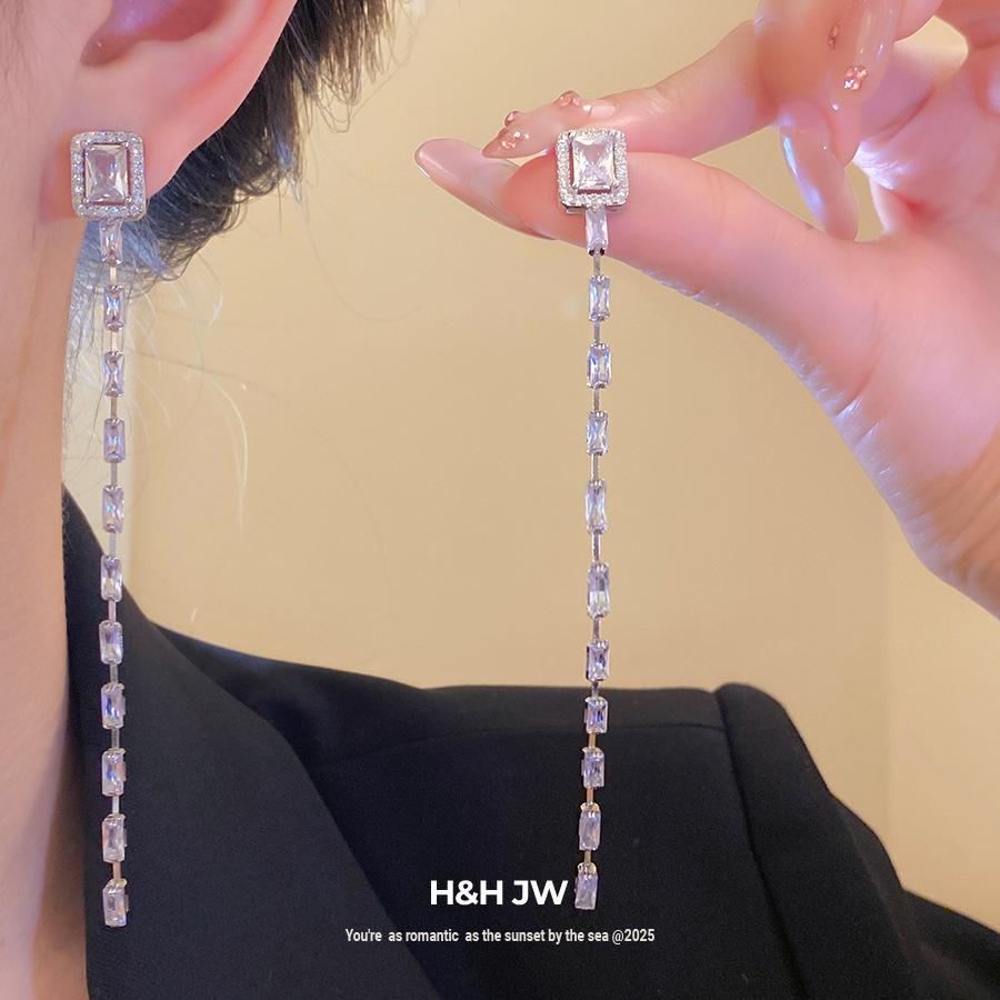 Silver Needle Zircon Square Tassel Earrings Light Luxury Premium Earrings Fashion Versatile Earrings Women