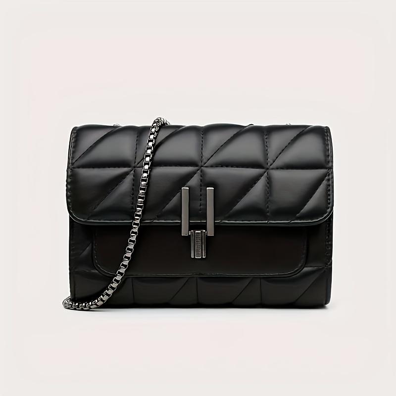 Elegant Black Quilted Crossbody Bag for Women | PVC Material with Stitching | Adjustable Chain Strap | Turn-Lock Closure