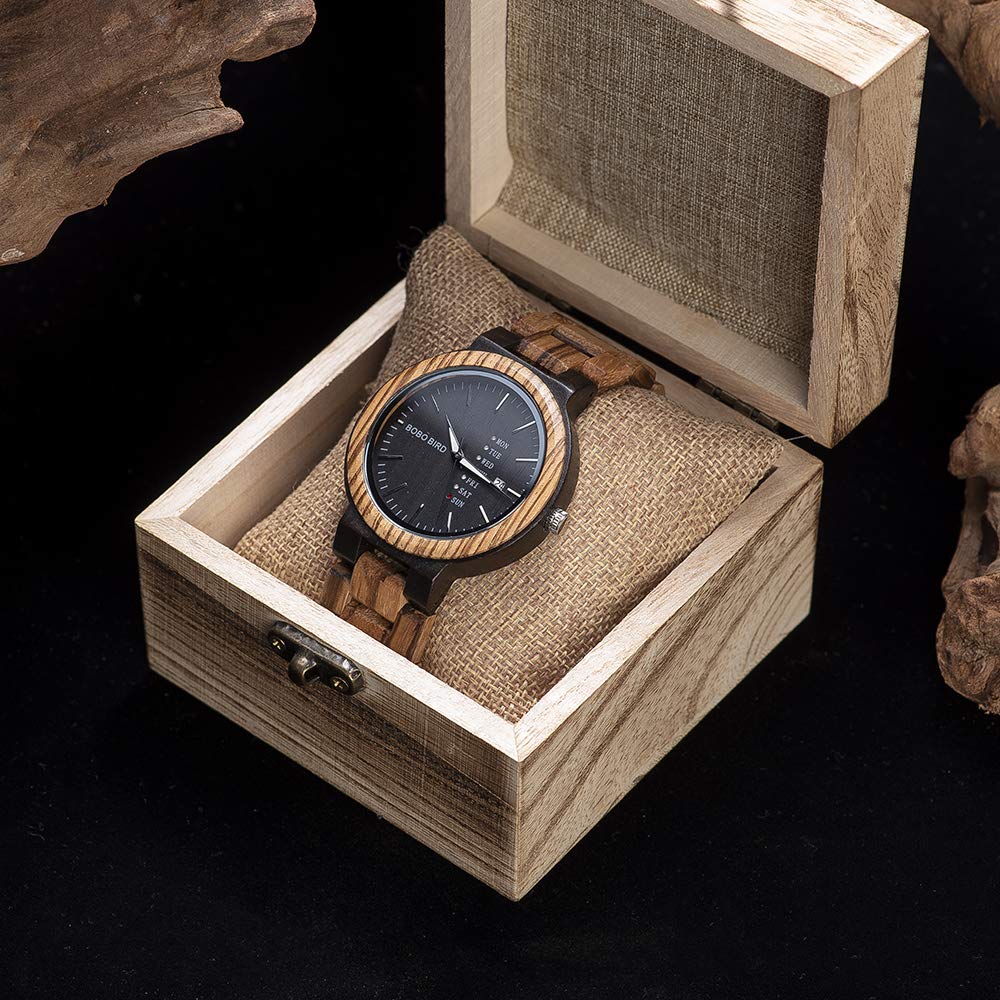 BOBO BIRD Men's Wood Watch, Analog Quartz Movement, Week Display, Lightweight, Handmade Wooden Watch for Men