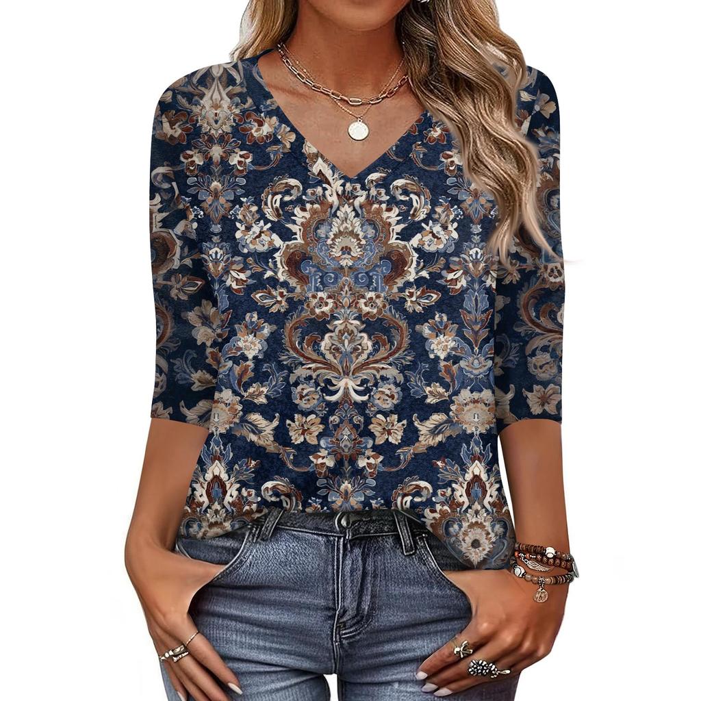 Dames T-skjorte Trykk 3/4 Erme Hverdag Weekend Mote Basic V-hals Vanlig Topp