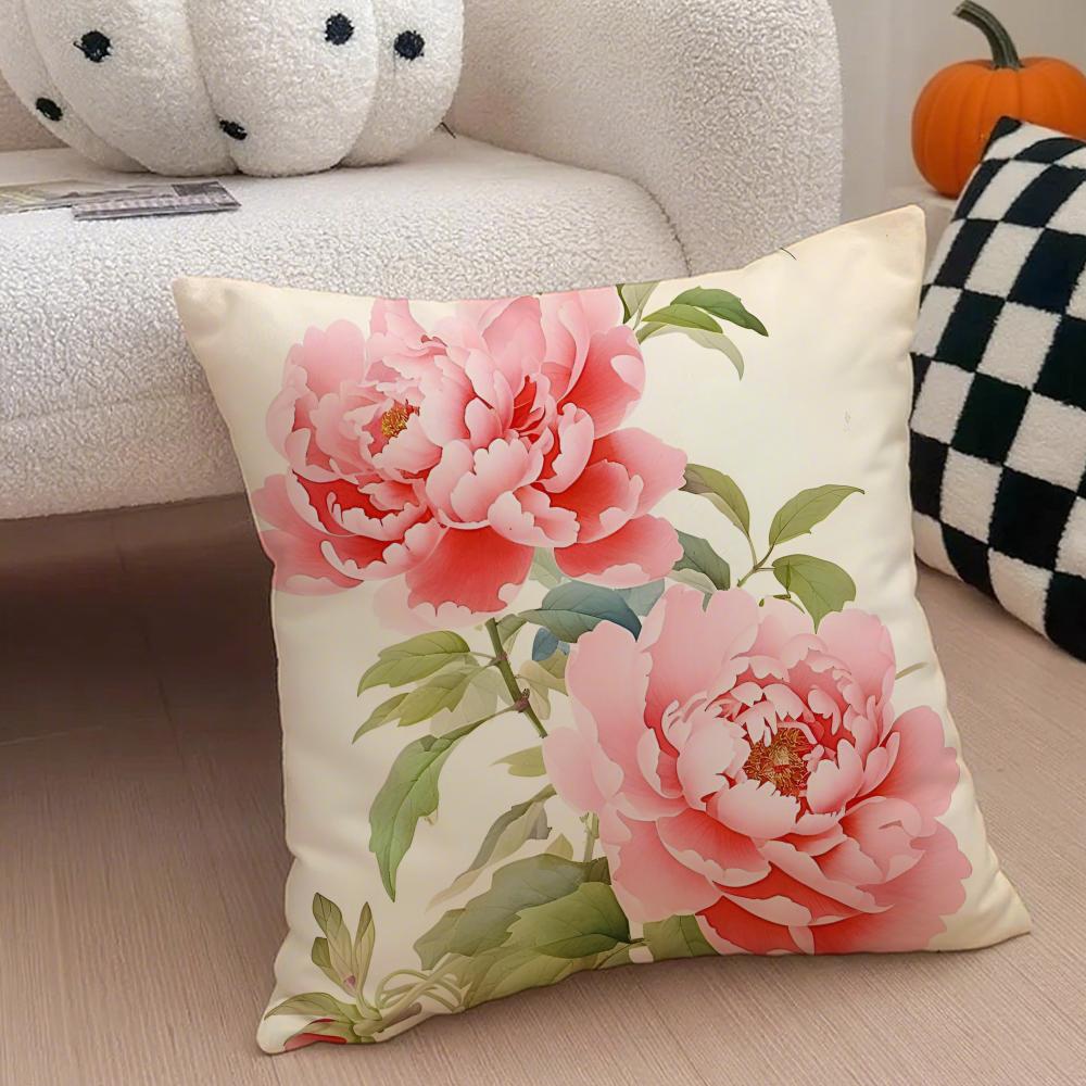 Delicate Peony Pillow Chinese Flower Decor Cushion Cover Throw Pillow Cover Hidden Button Durable Polyester Chair Cushion