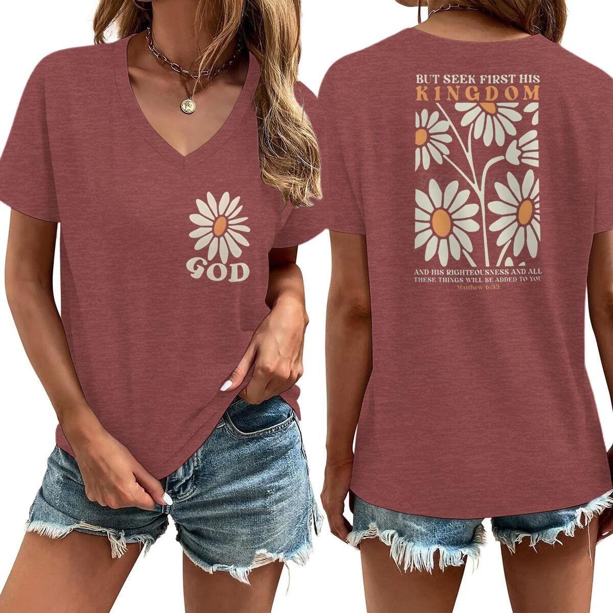 Faith Based Soft TShirt for Women Gift for Christian Vneck Casual Tops Jesus Bible Verse Faith Based Graphic Tee Top S