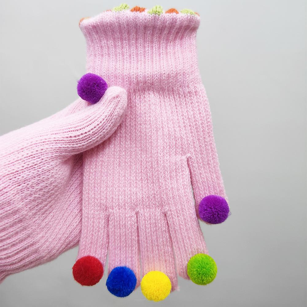 Knitted Five Finger Hair Ball Gloves Cute Little Jelly Beans Winter Women Touch Screen Warm Cycling Accessories